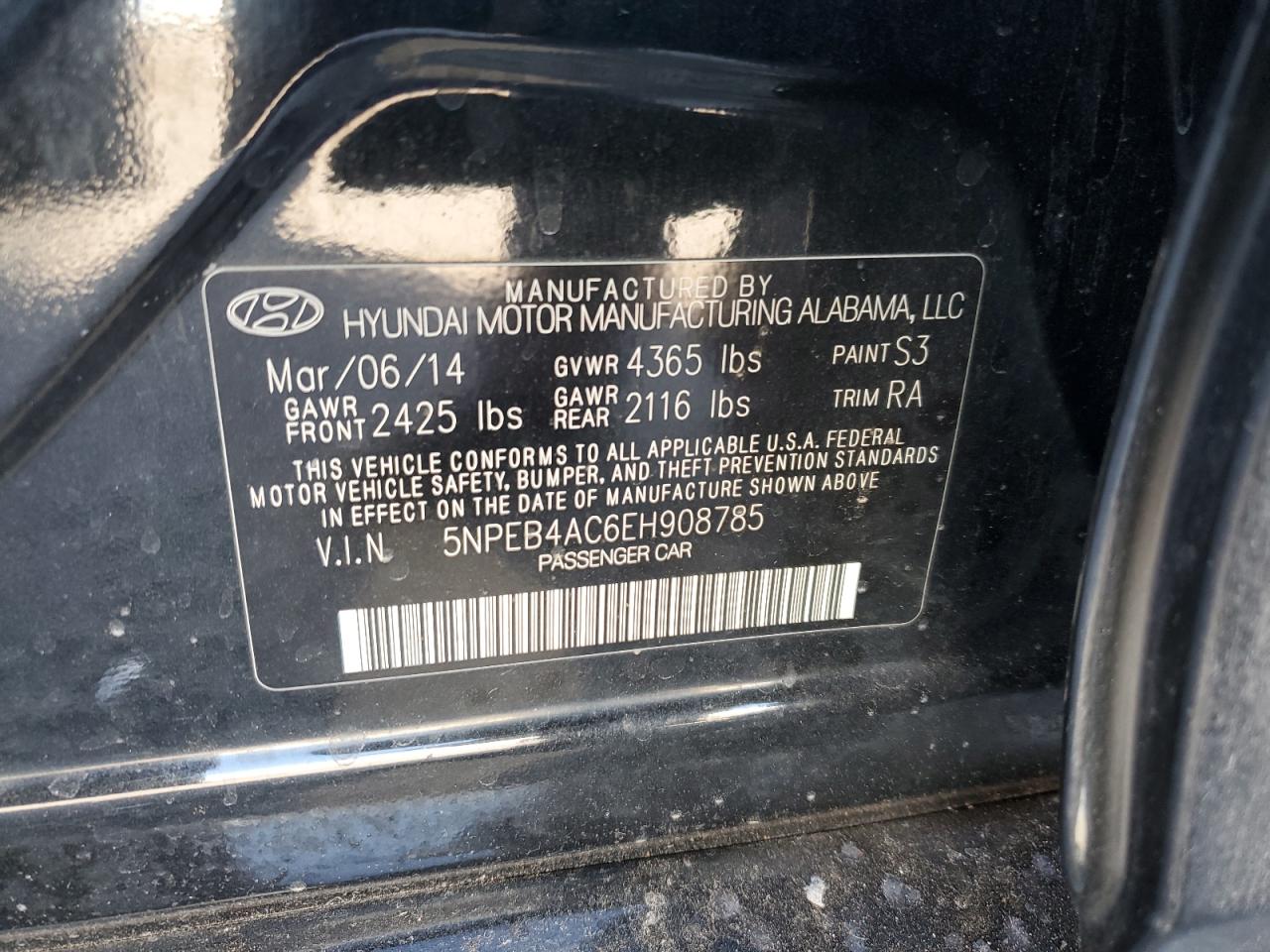 5NPEB4AC6EH908785 2014 Hyundai Sonata Gls