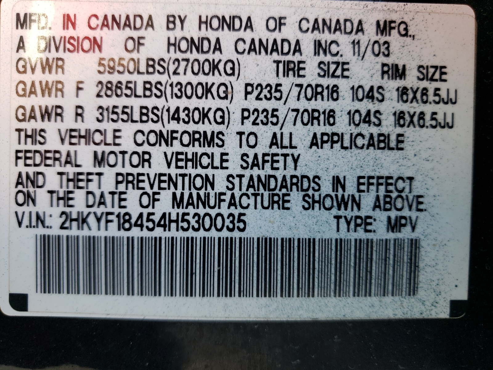 2HKYF18454H530035 2004 Honda Pilot Ex