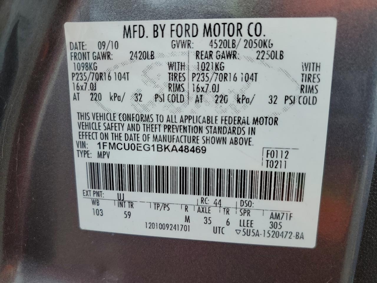 2011 Ford Escape Limited VIN: 1FMCU0EG1BKA48469 Lot: 51133534