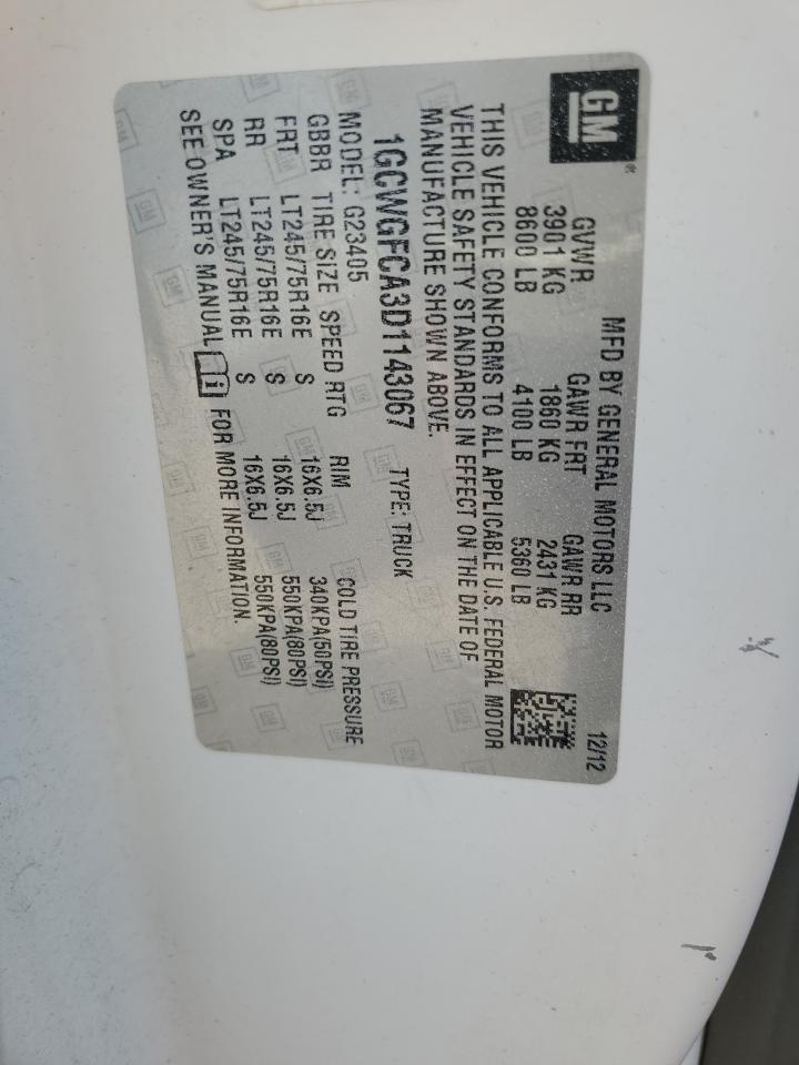 2013 Chevrolet Express G2500 VIN: 1GCWGFCA3D1143067 Lot: 51658304