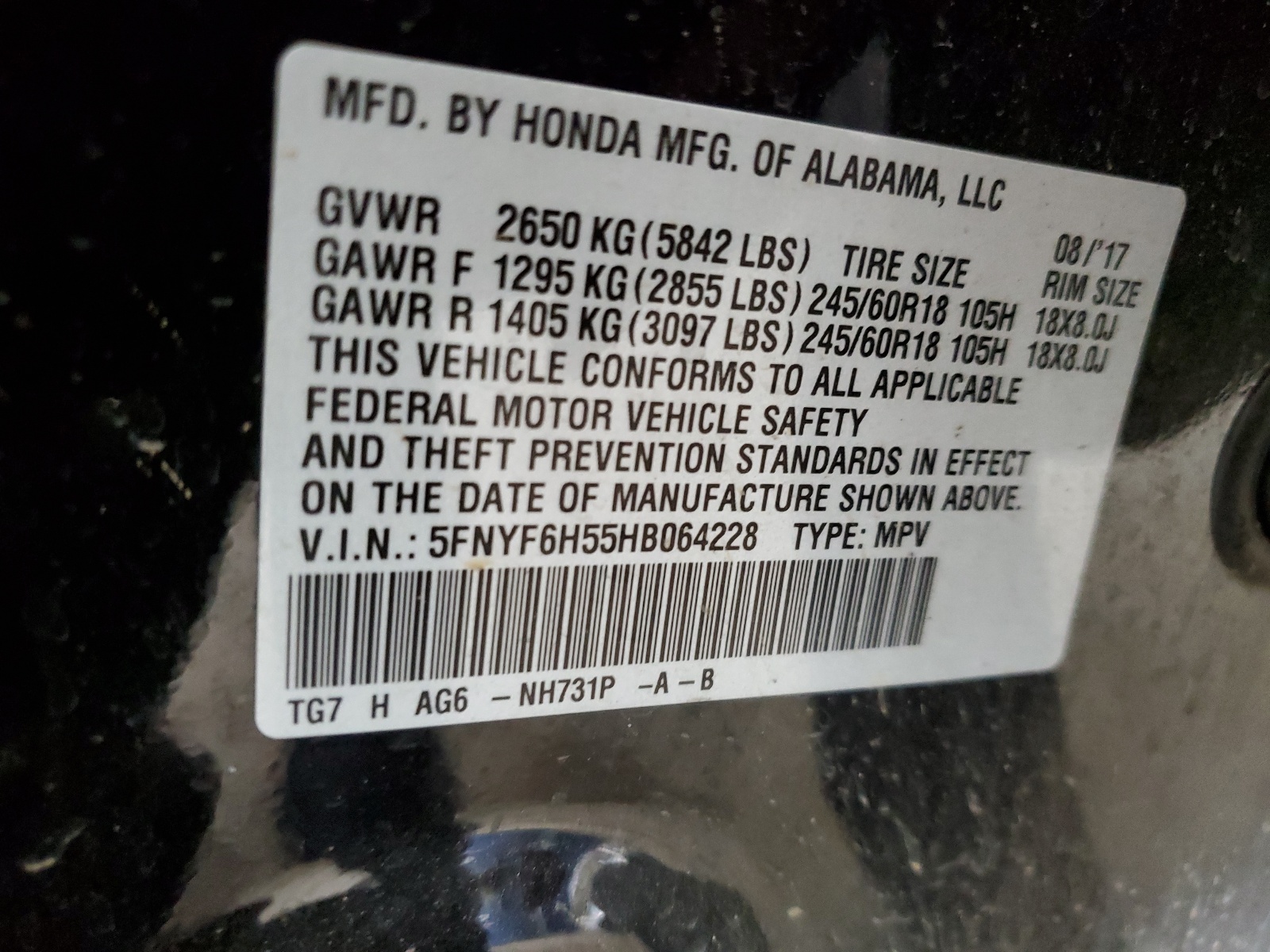 5FNYF6H55HB064228 2017 Honda Pilot Exl