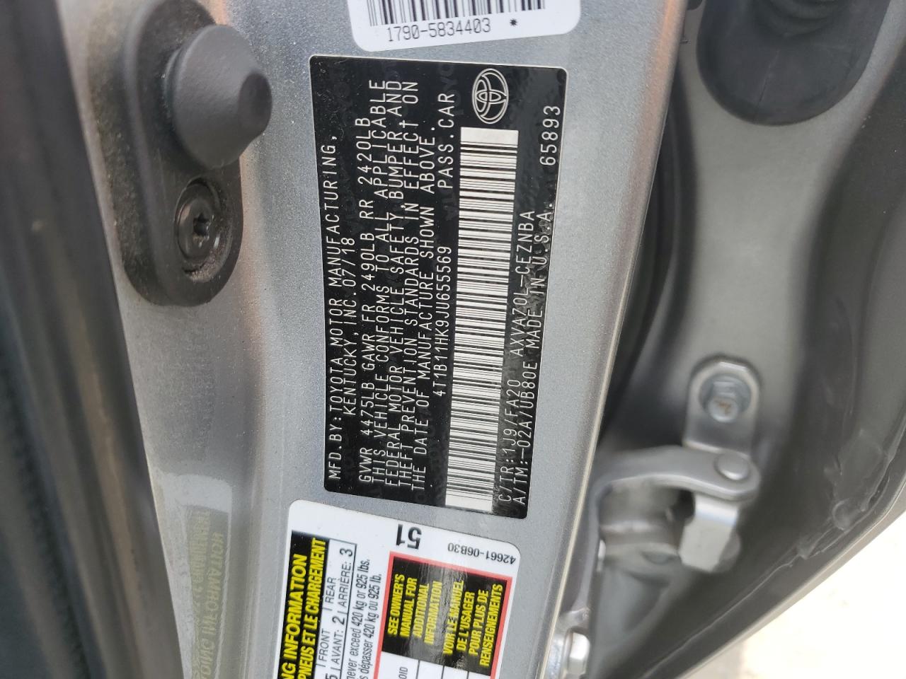 4T1B11HK9JU655569 2018 Toyota Camry L