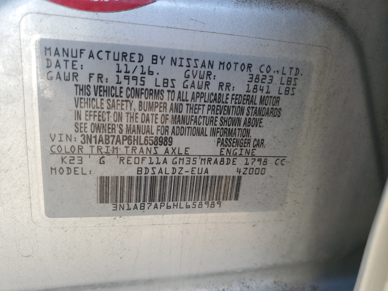 3N1AB7AP6HL658989 2017 Nissan Sentra S