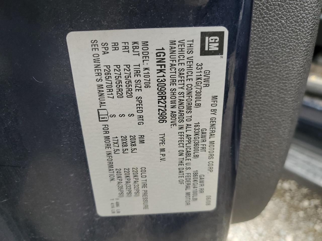 2008 Chevrolet Tahoe K1500 VIN: 1GNFK13098R272986 Lot: 49832334