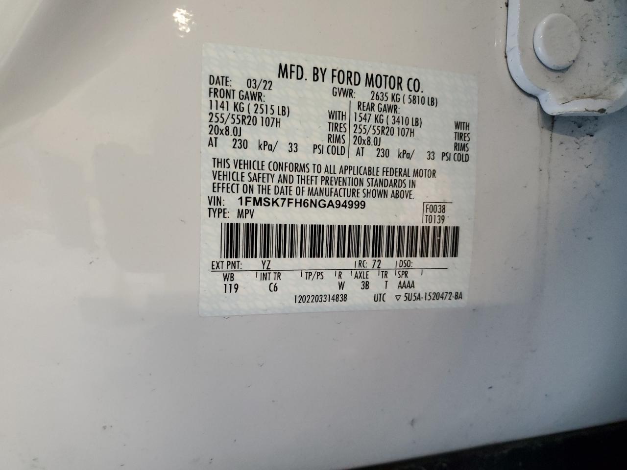 2022 Ford Explorer Limited VIN: 1FMSK7FH6NGA94999 Lot: 51574974