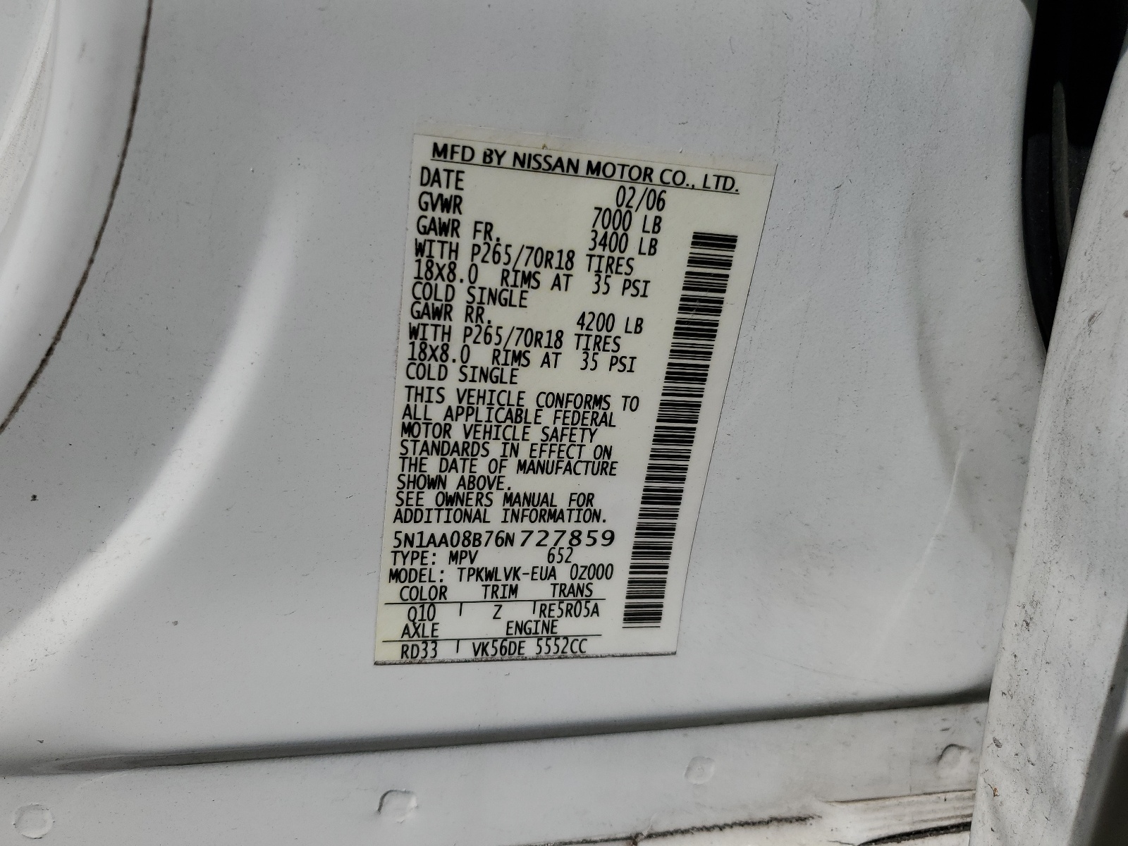 5N1AA08B76N727859 2006 Nissan Armada Se