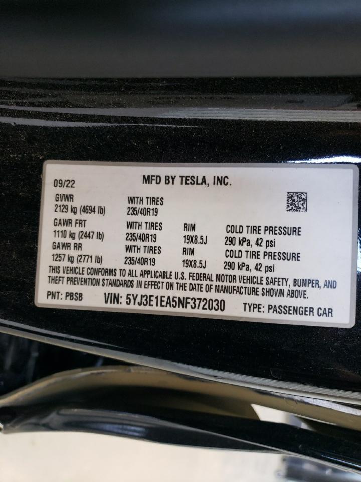 2022 Tesla Model 3 VIN: 5YJ3E1EA5NF372030 Lot: 53042664