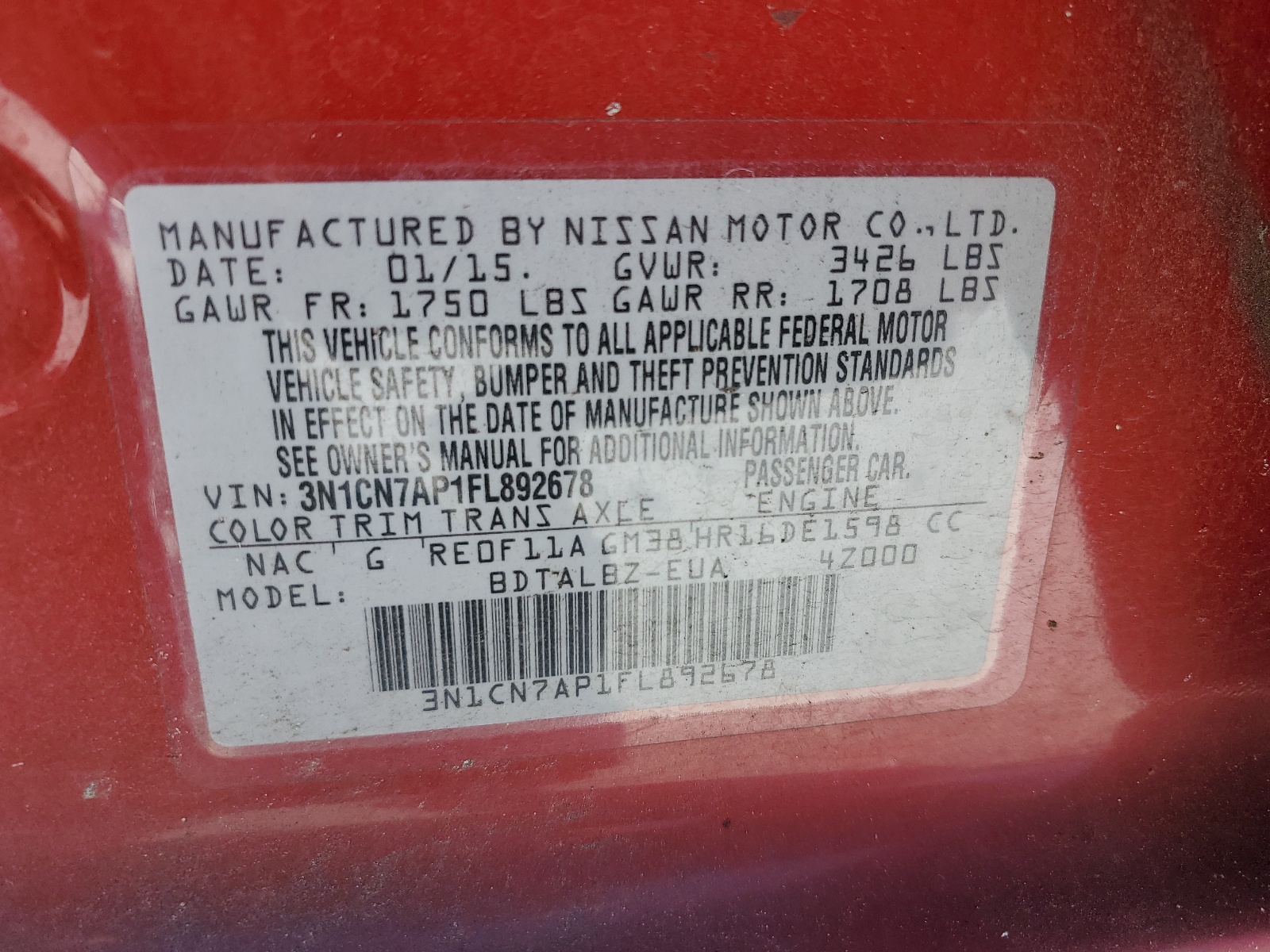 3N1CN7AP1FL892678 2015 Nissan Versa S