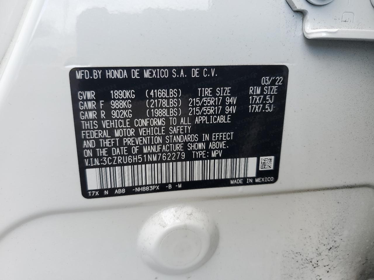 2022 Honda Hr-V Ex VIN: 3CZRU6H51NM762279 Lot: 49690004