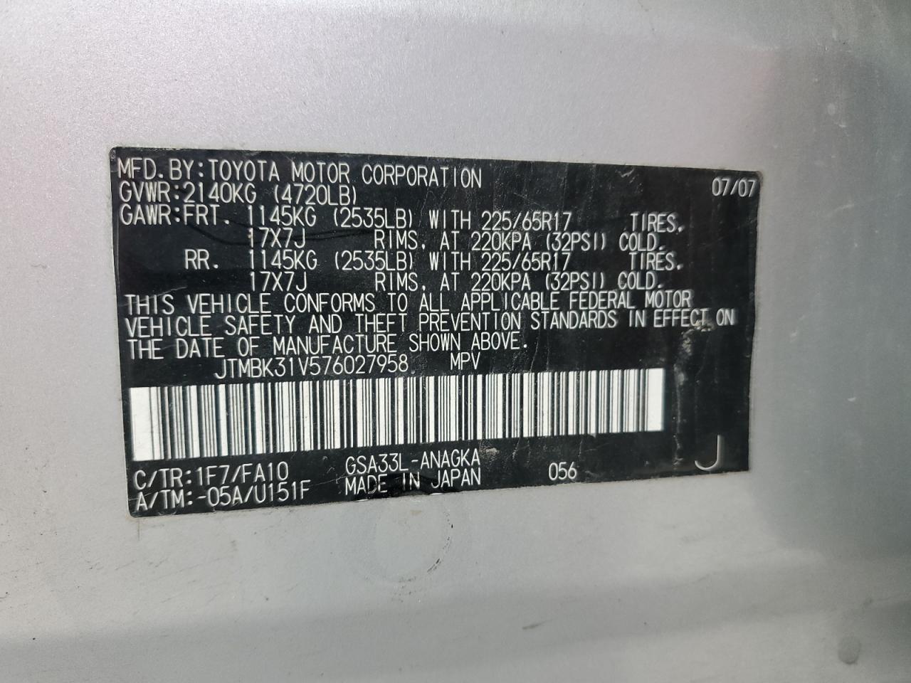 2007 Toyota Rav4 Limited VIN: JTMBK31V576027958 Lot: 52740554