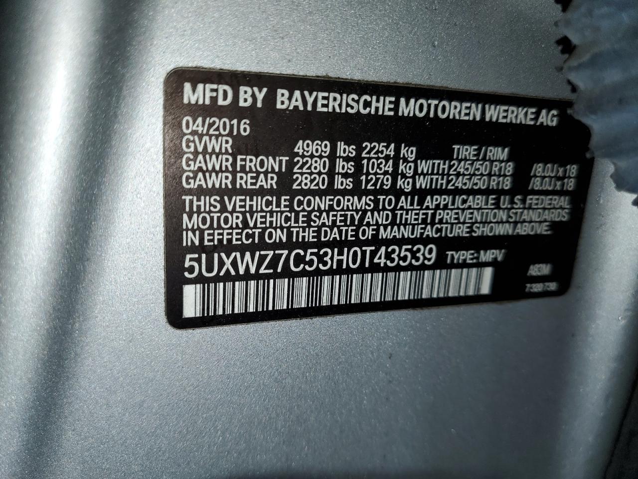 5UXWZ7C53H0T43539 2017 BMW X3 Sdrive28I