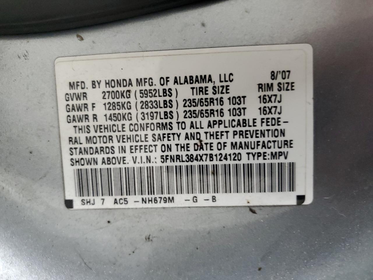 5FNRL384X7B124120 2007 Honda Odyssey Ex