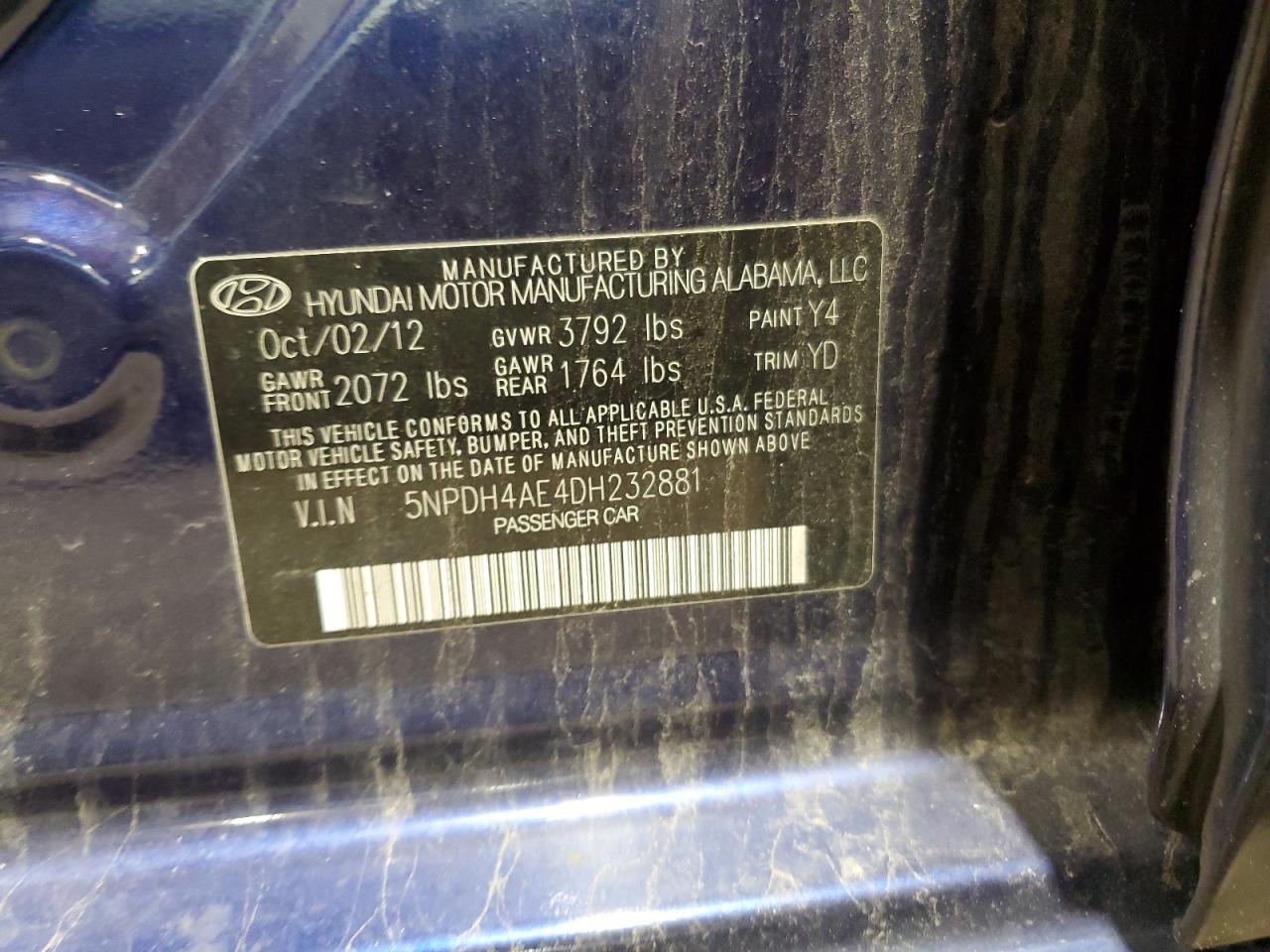 2013 Hyundai Elantra Gls VIN: 5NPDH4AE4DH232881 Lot: 50683804