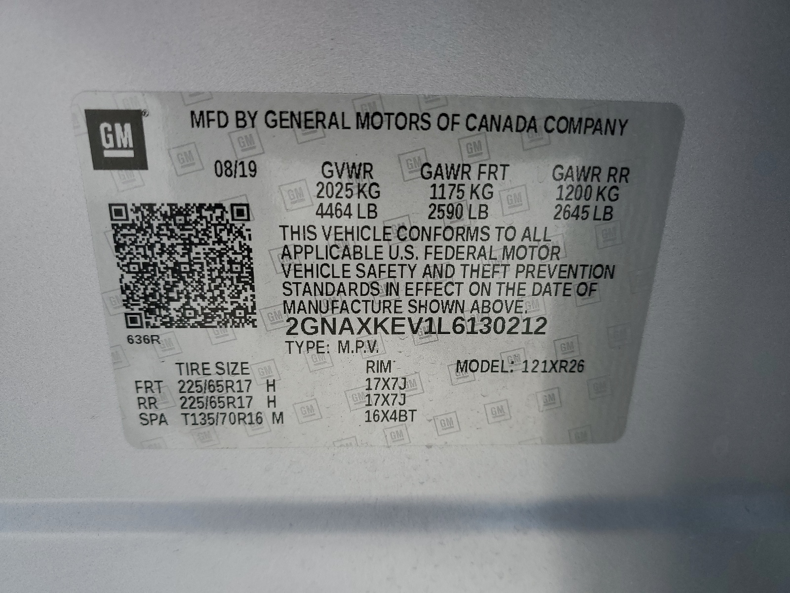 2GNAXKEV1L6130212 2020 Chevrolet Equinox Lt