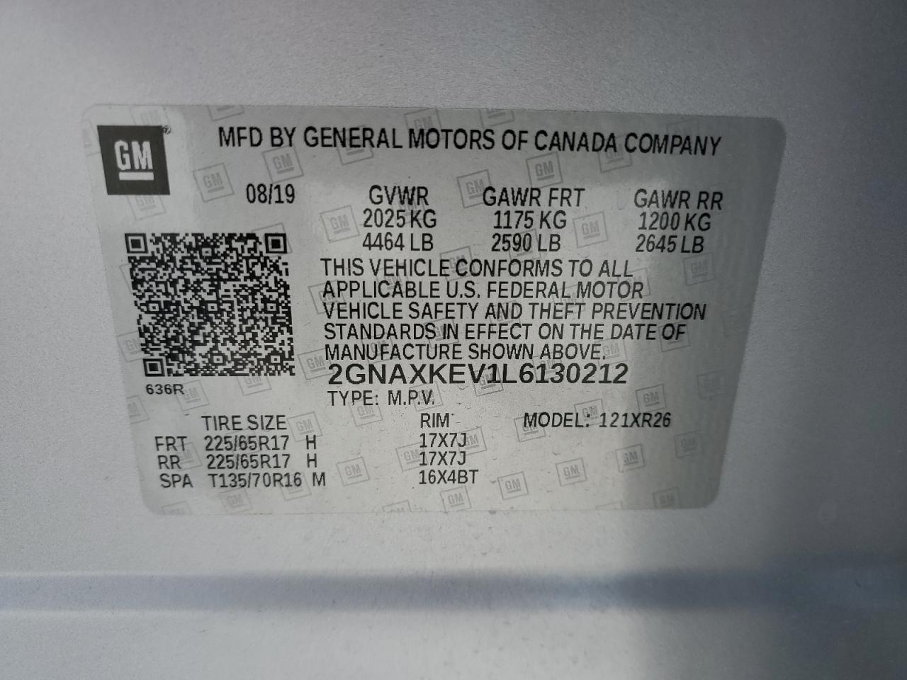 2020 Chevrolet Equinox Lt VIN: 2GNAXKEV1L6130212 Lot: 48281564