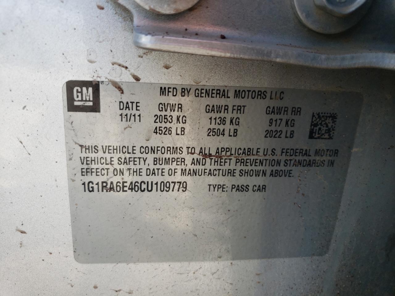 1G1RA6E46CU109779 2012 Chevrolet Volt