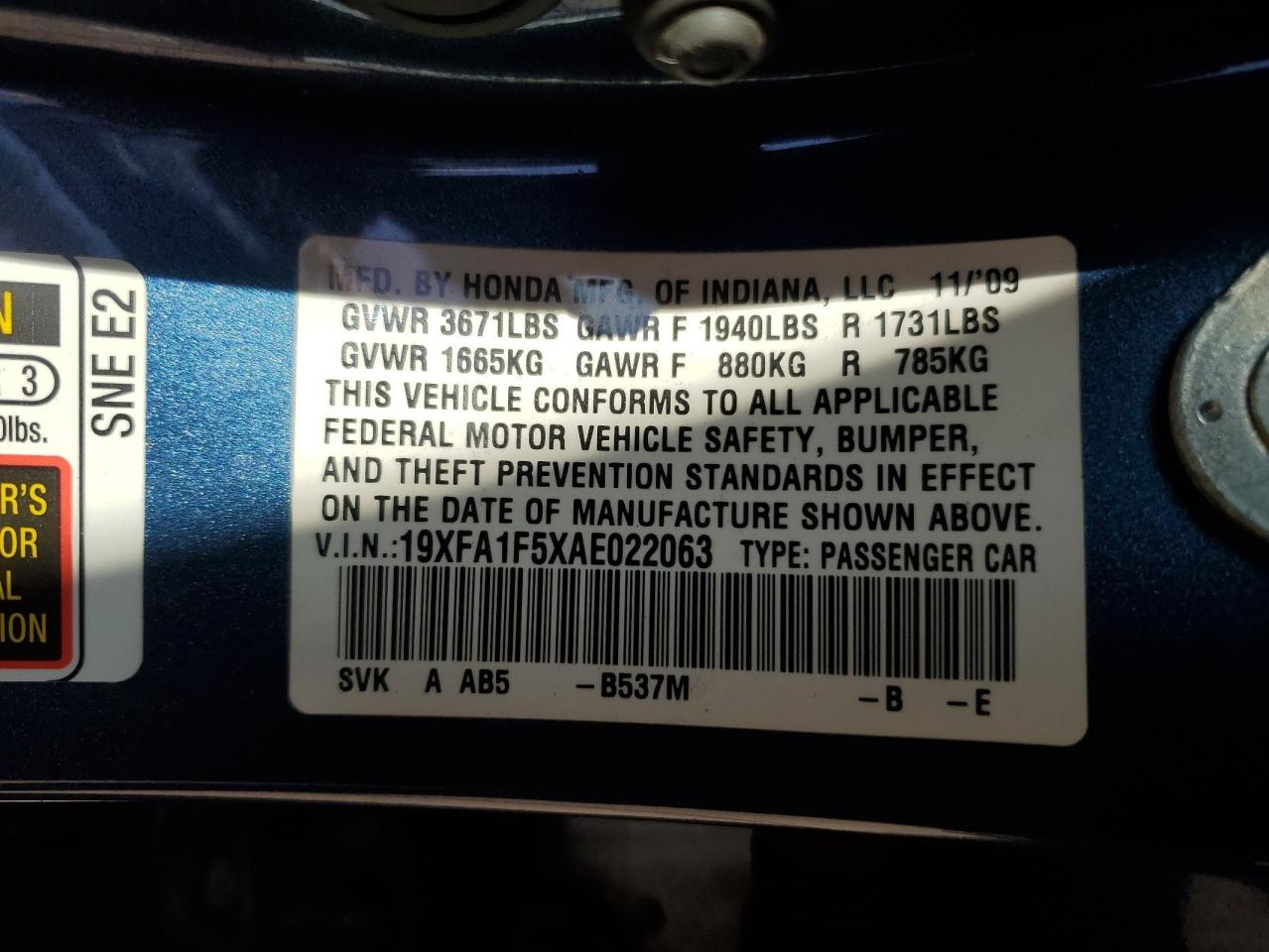 2010 Honda Civic Lx VIN: 19XFA1F5XAE022063 Lot: 51662074