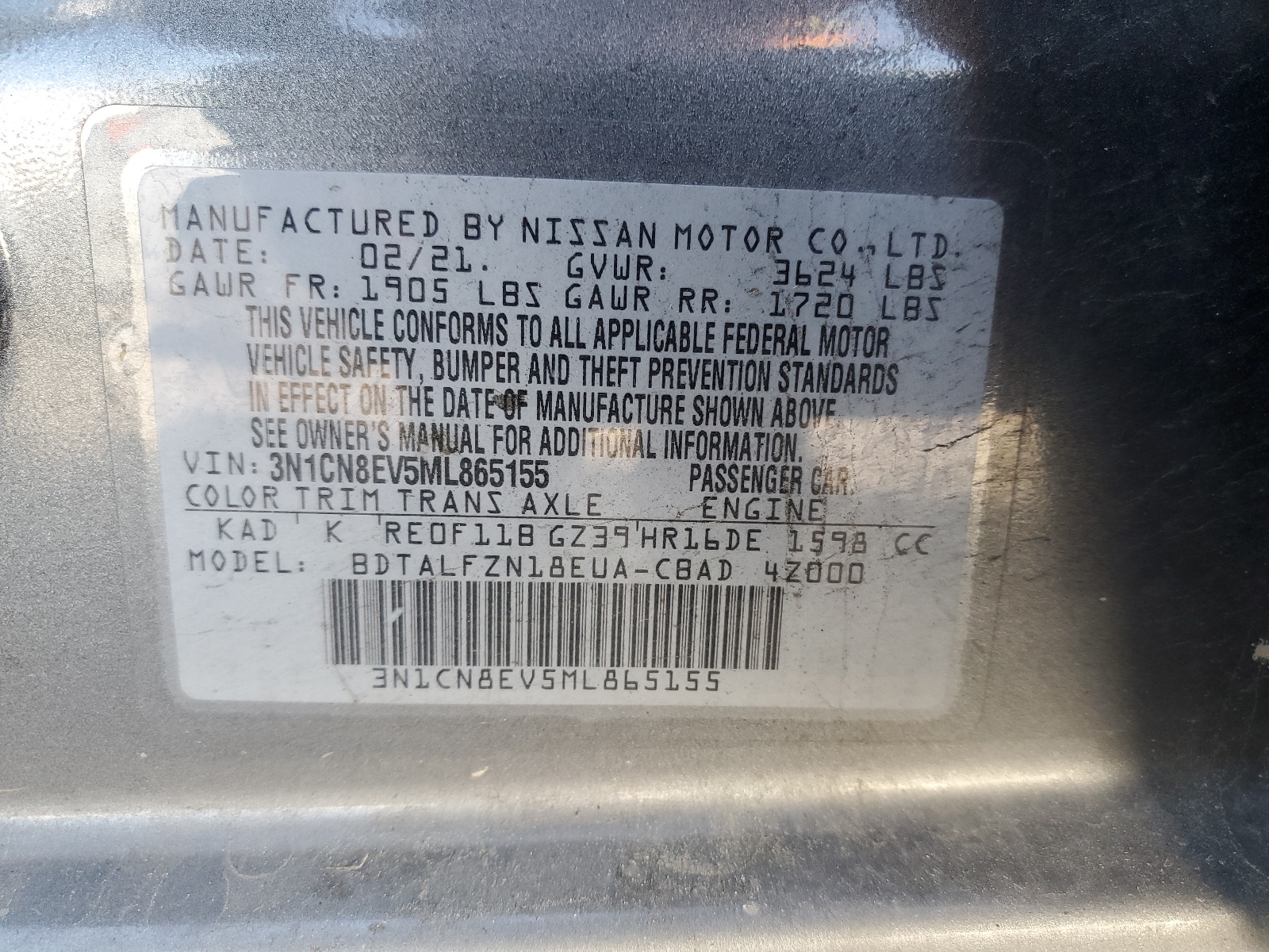 2021 Nissan Versa Sv vin: 3N1CN8EV5ML865155