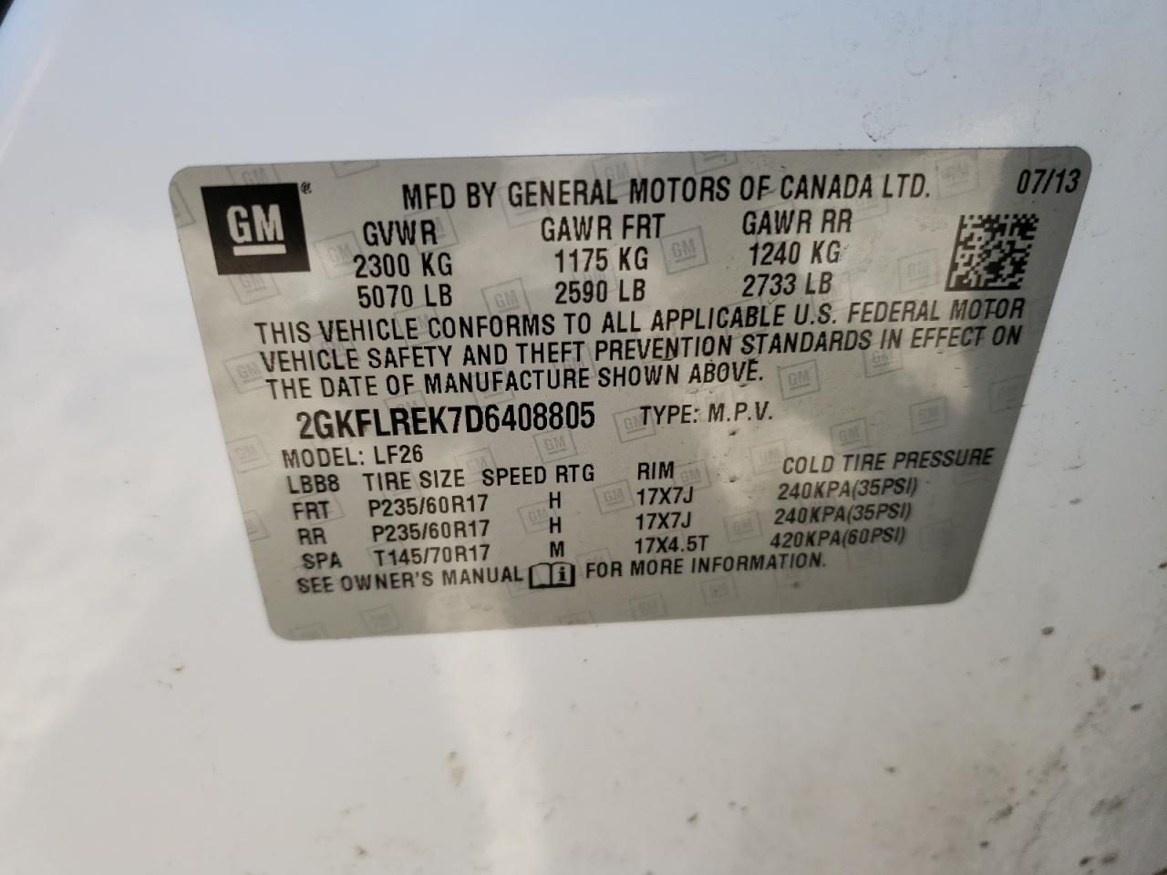 2013 GMC Terrain Sle VIN: 2GKFLREK7D6408805 Lot: 51788544