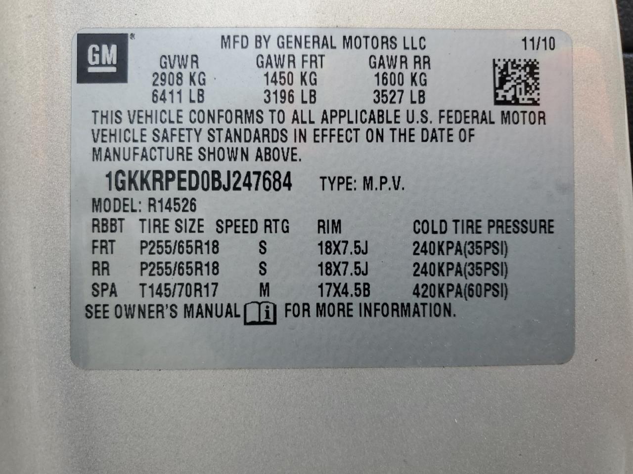 2011 GMC Acadia Sle VIN: 1GKKRPED0BJ247684 Lot: 49278014