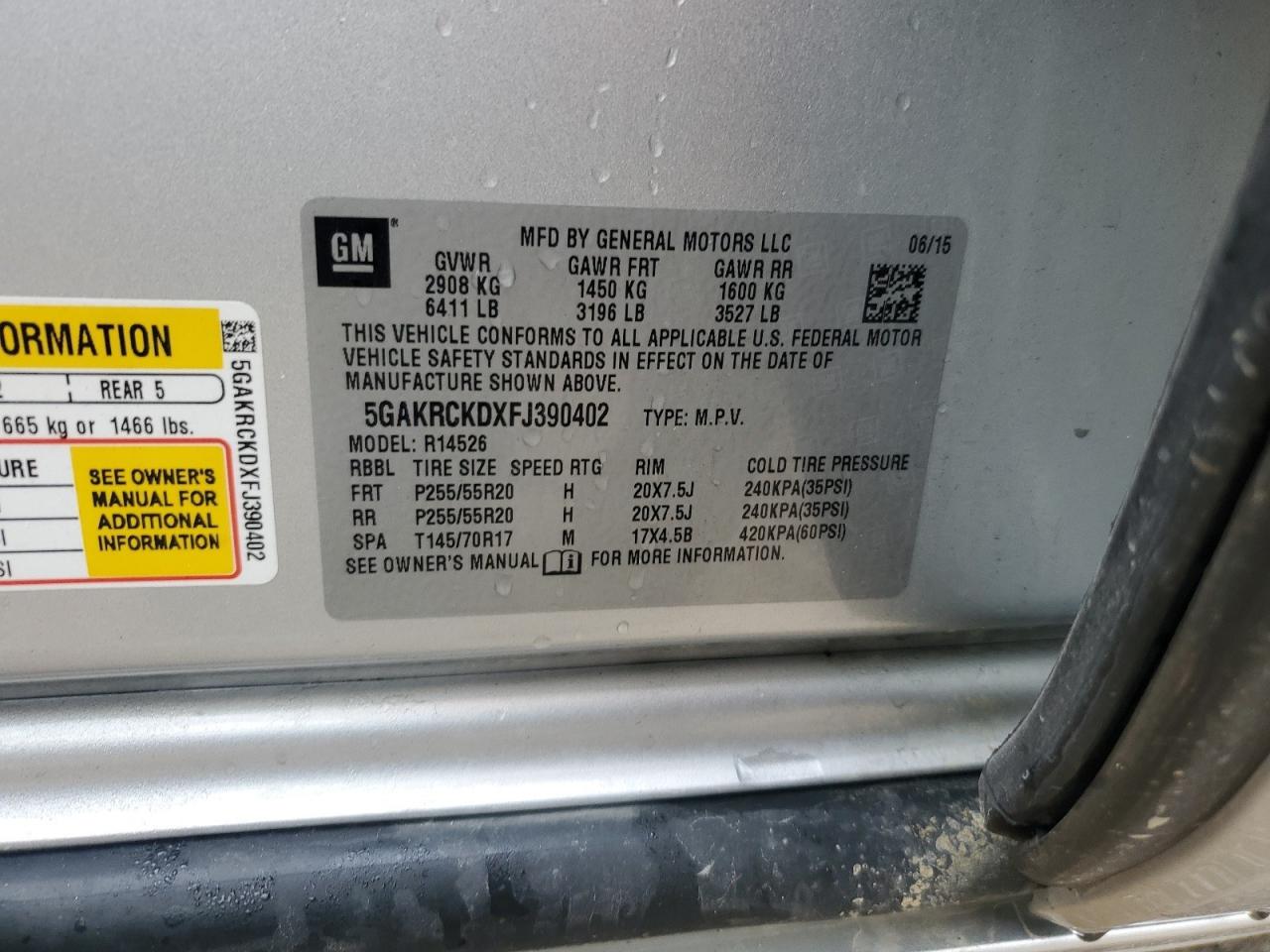 2015 Buick Enclave VIN: 5GAKRCKDXFJ390402 Lot: 48985344