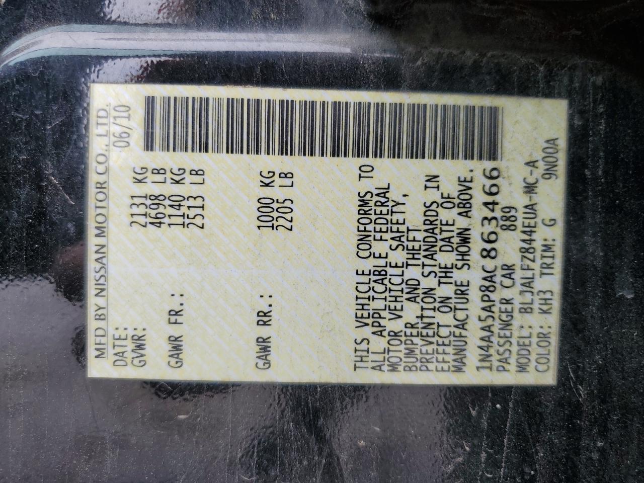 2010 Nissan Maxima S VIN: 1N4AA5AP8AC863466 Lot: 69099634