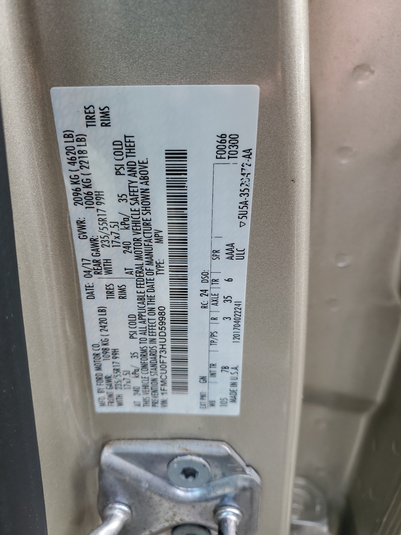 1FMCU0F73HUD59980 2017 Ford Escape S