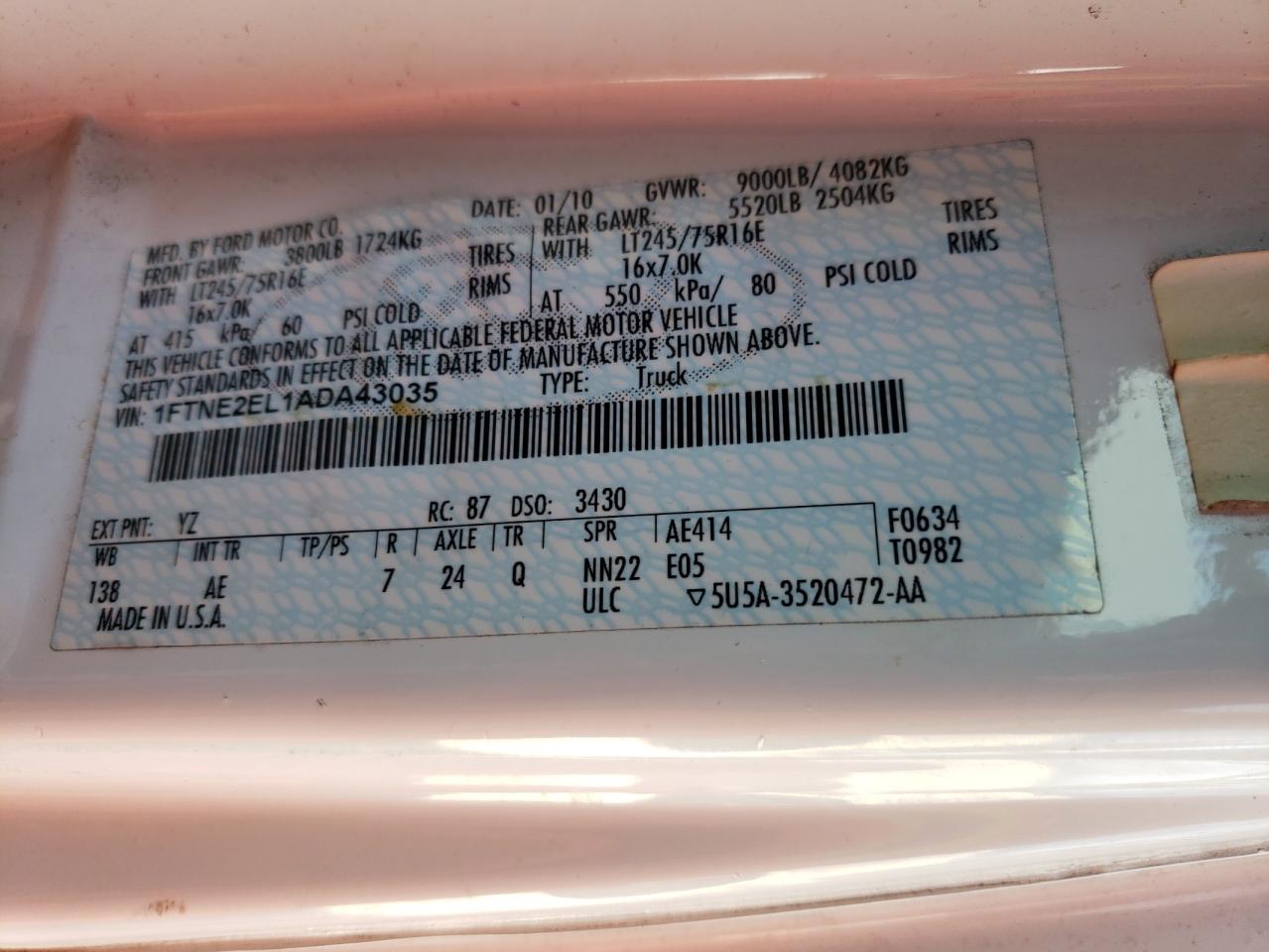 2010 Ford Econoline E250 Van VIN: 1FTNE2EL1ADA43035 Lot: 51139774