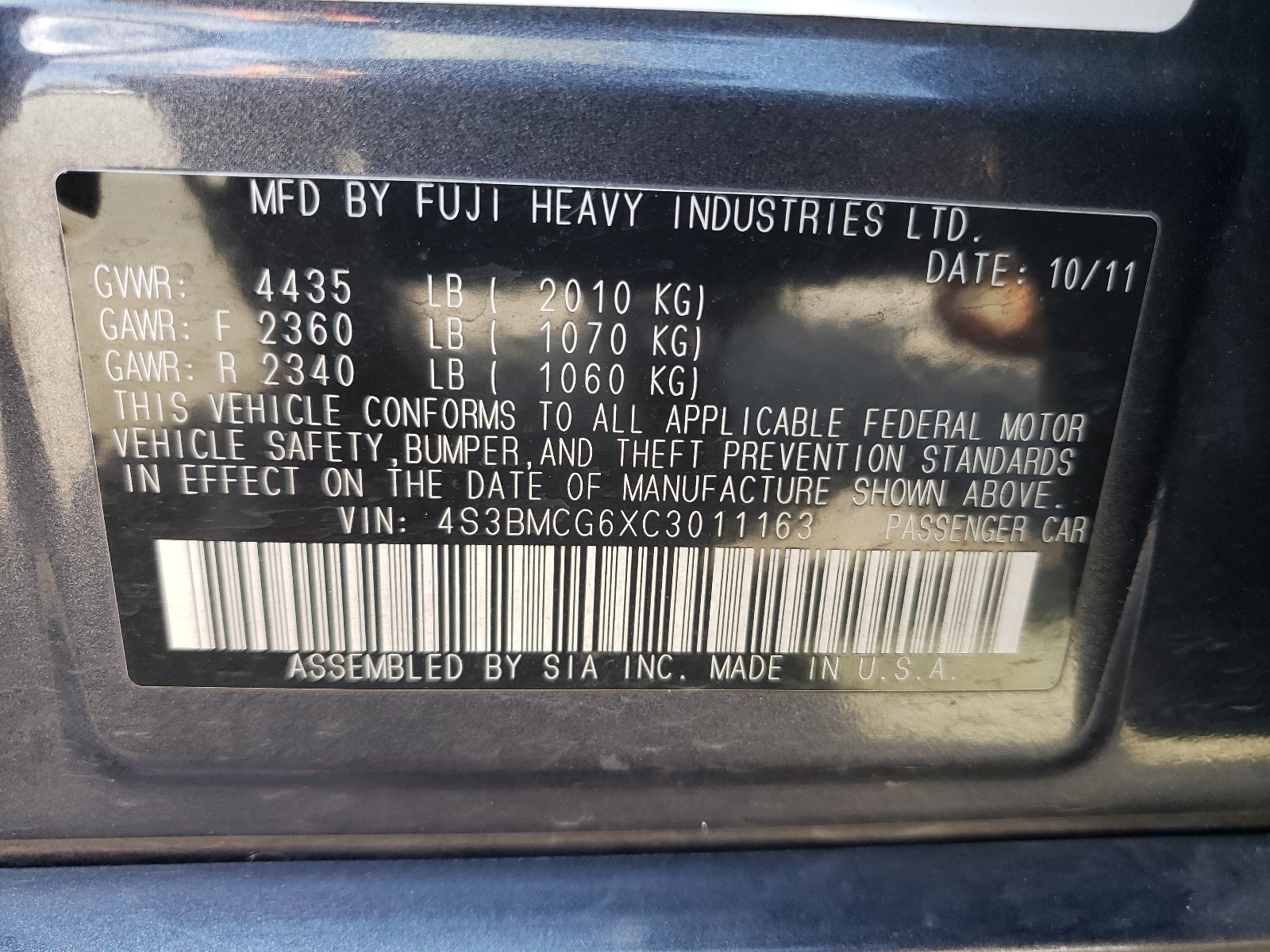 4S3BMCG6XC3011163 2012 Subaru Legacy 2.5I Premium