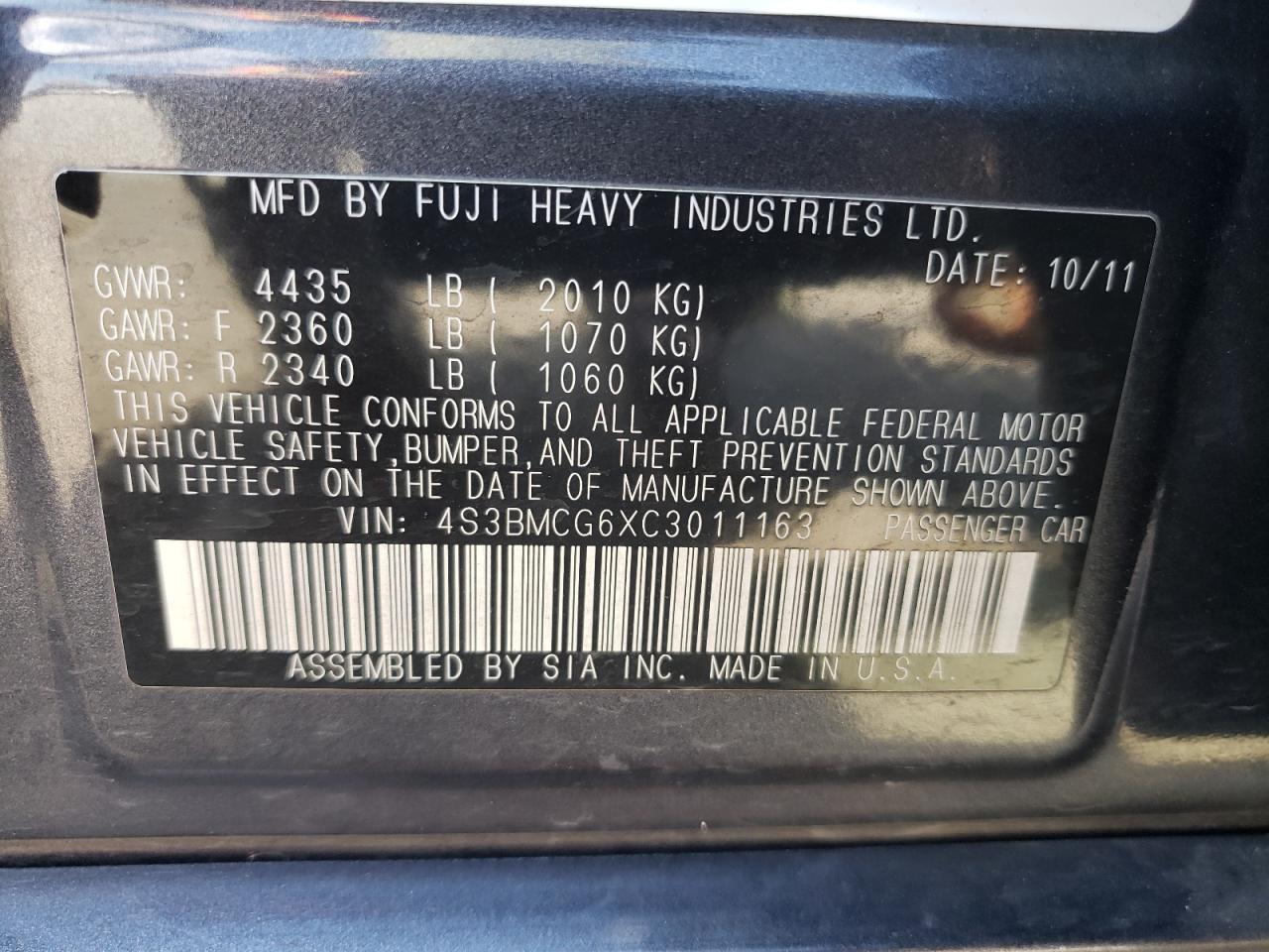 2012 Subaru Legacy 2.5I Premium VIN: 4S3BMCG6XC3011163 Lot: 52362634