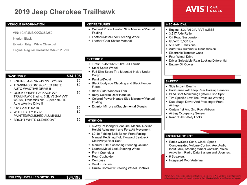 2019 Jeep Cherokee Trailhawk vin: 1C4PJMBXXKD362250