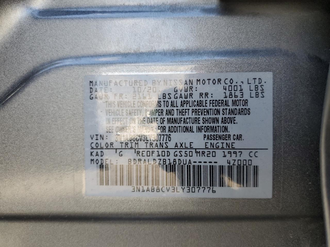 2020 Nissan Sentra Sv VIN: 3N1AB8CV3LY307776 Lot: 51936054