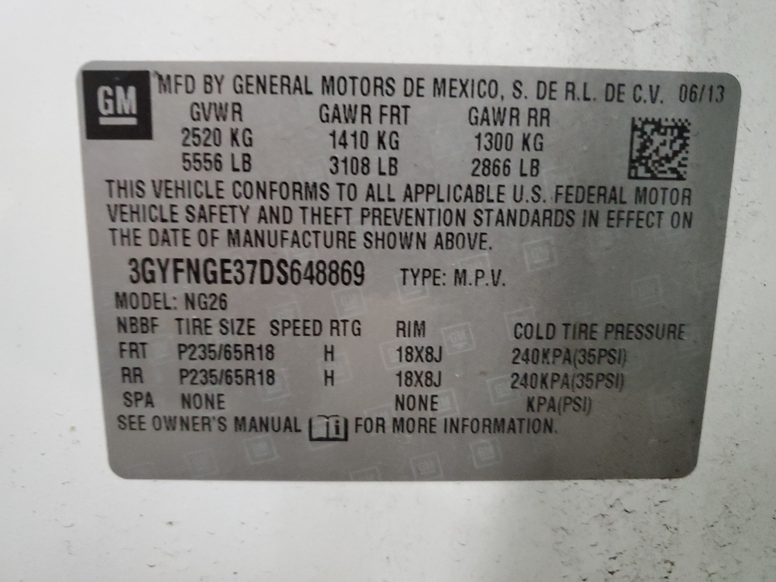 3GYFNGE37DS648869 2013 Cadillac Srx Luxury Collection