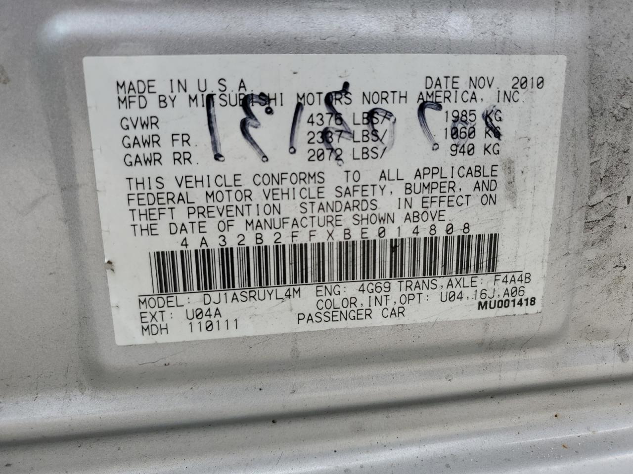 2011 Mitsubishi Galant Fe VIN: 4A32B2FFXBE014808 Lot: 49054344