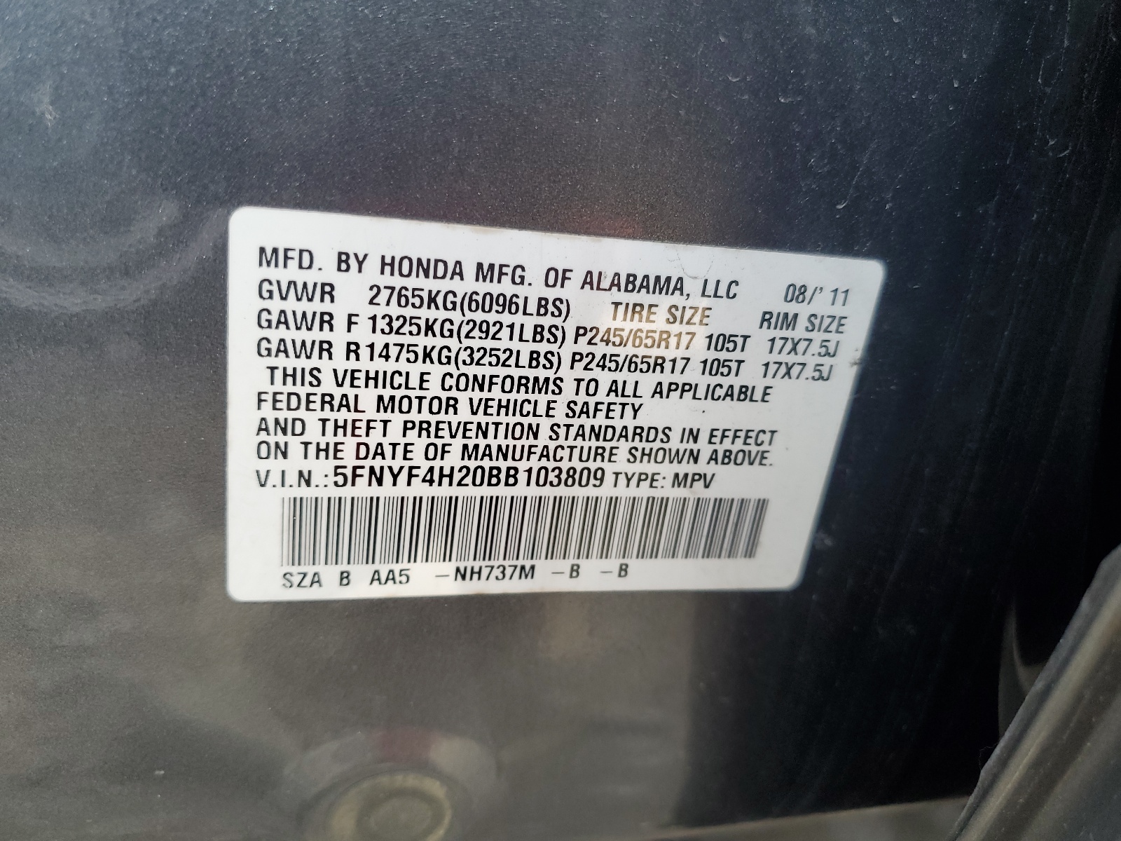 5FNYF4H20BB103809 2011 Honda Pilot Lx