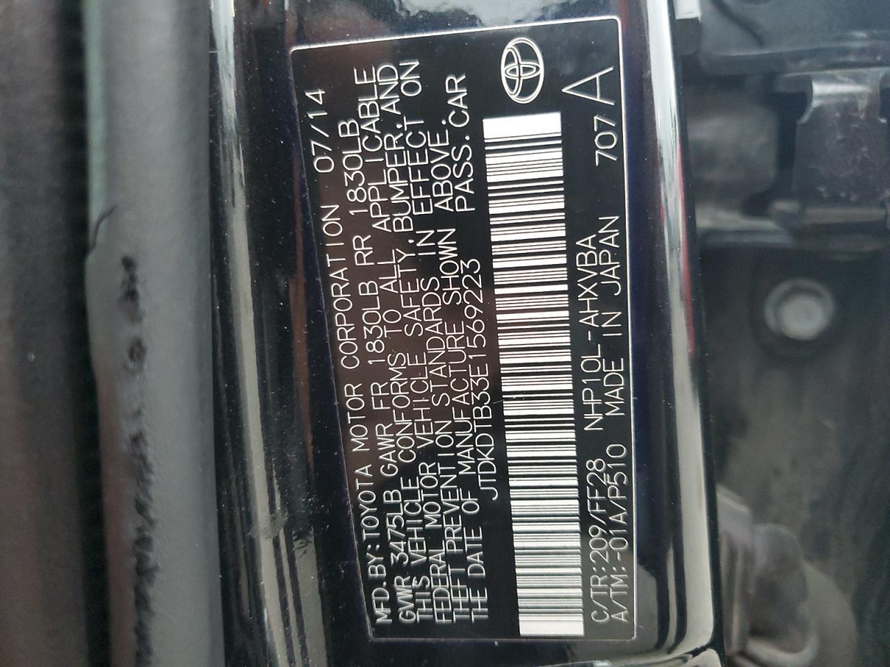 JTDKDTB33E1569223 2014 Toyota Prius C