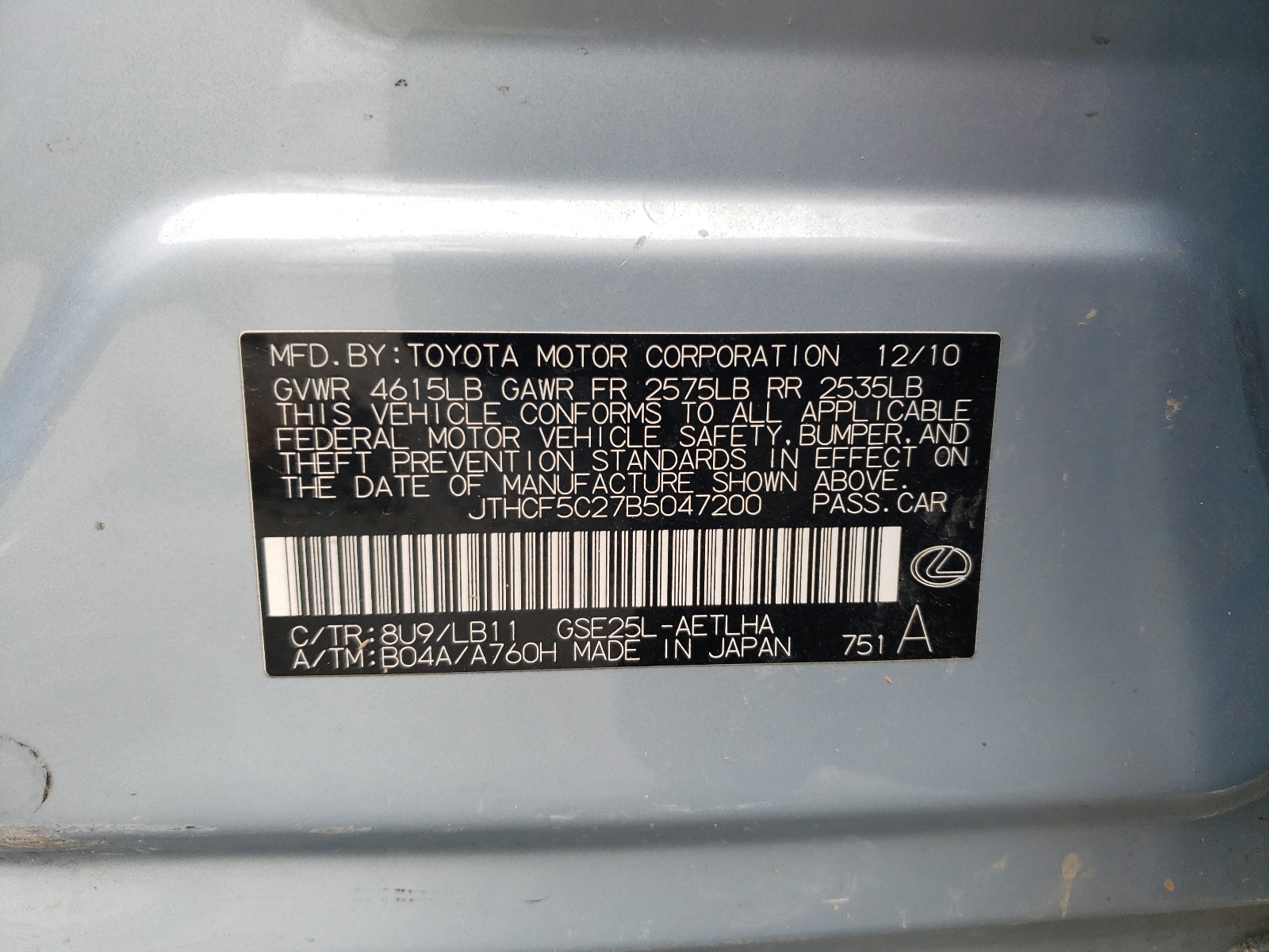 JTHCF5C27B5047200 2011 Lexus Is 250