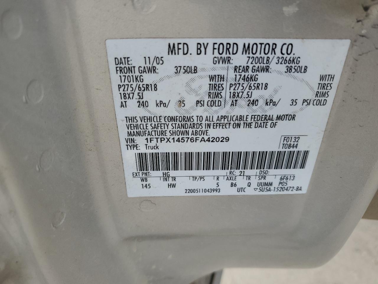 2006 Ford F150 VIN: 1FTPX14576FA42029 Lot: 50987194