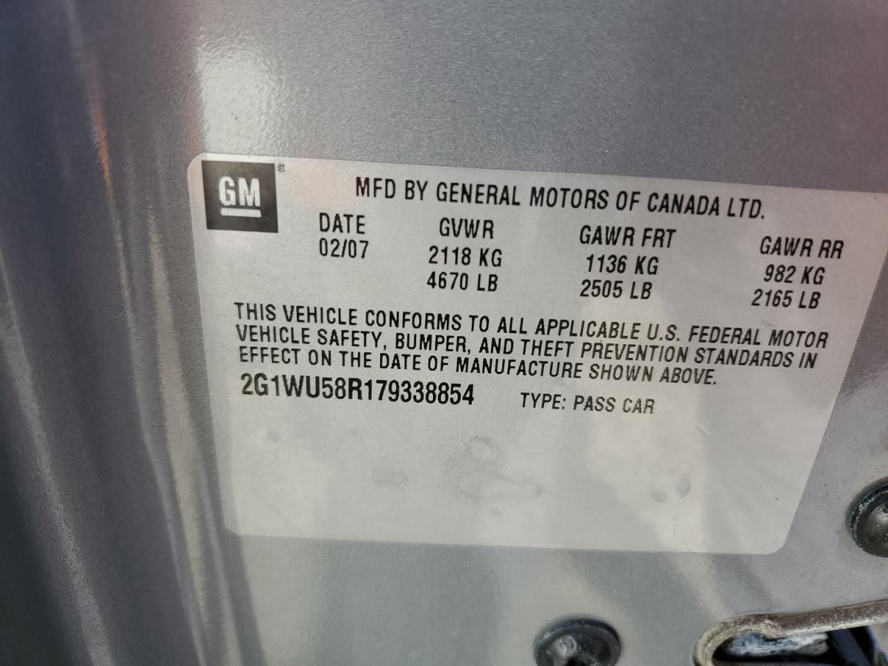 2007 Chevrolet Impala Ltz VIN: 2G1WU58R179338854 Lot: 52525244