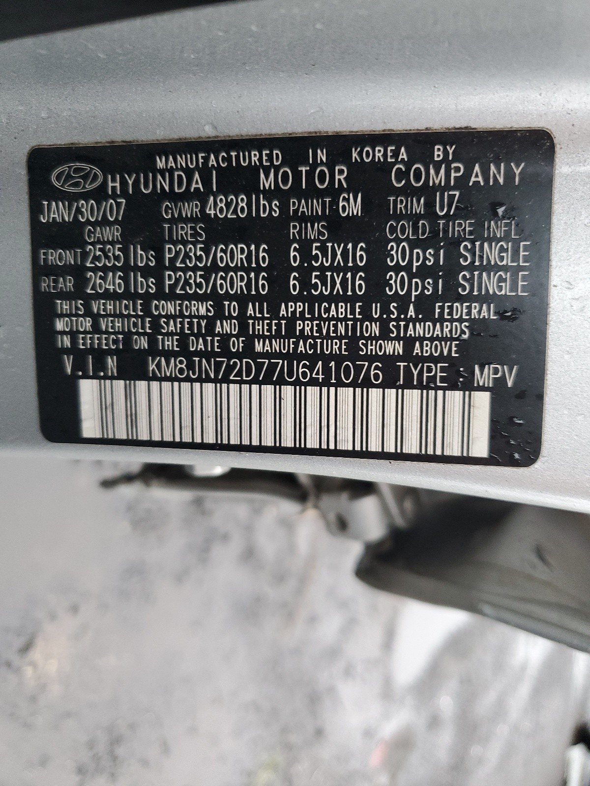 KM8JN72D77U641076 2007 Hyundai Tucson Se