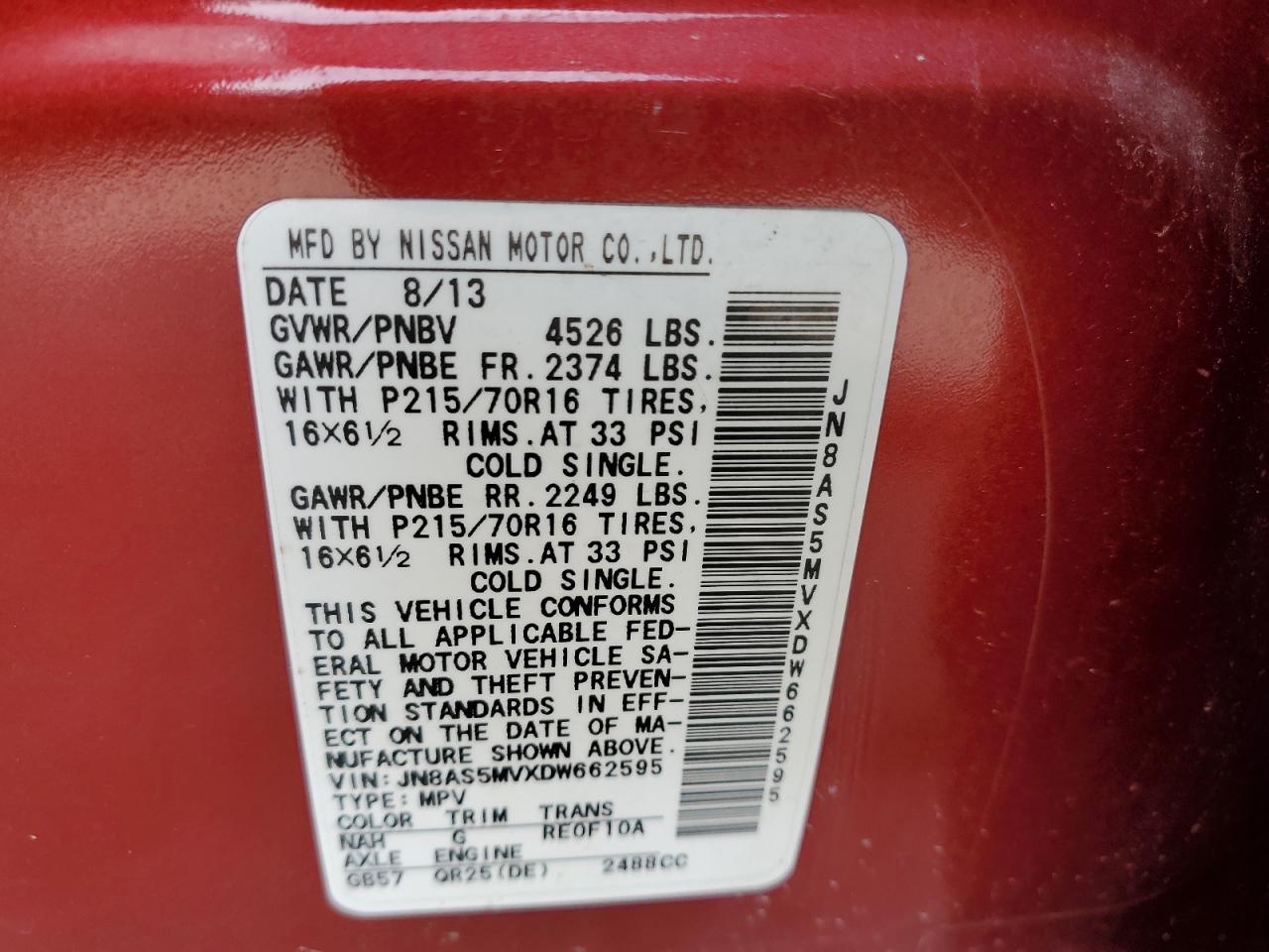 2013 Nissan Rogue S VIN: JN8AS5MVXDW662595 Lot: 49547054