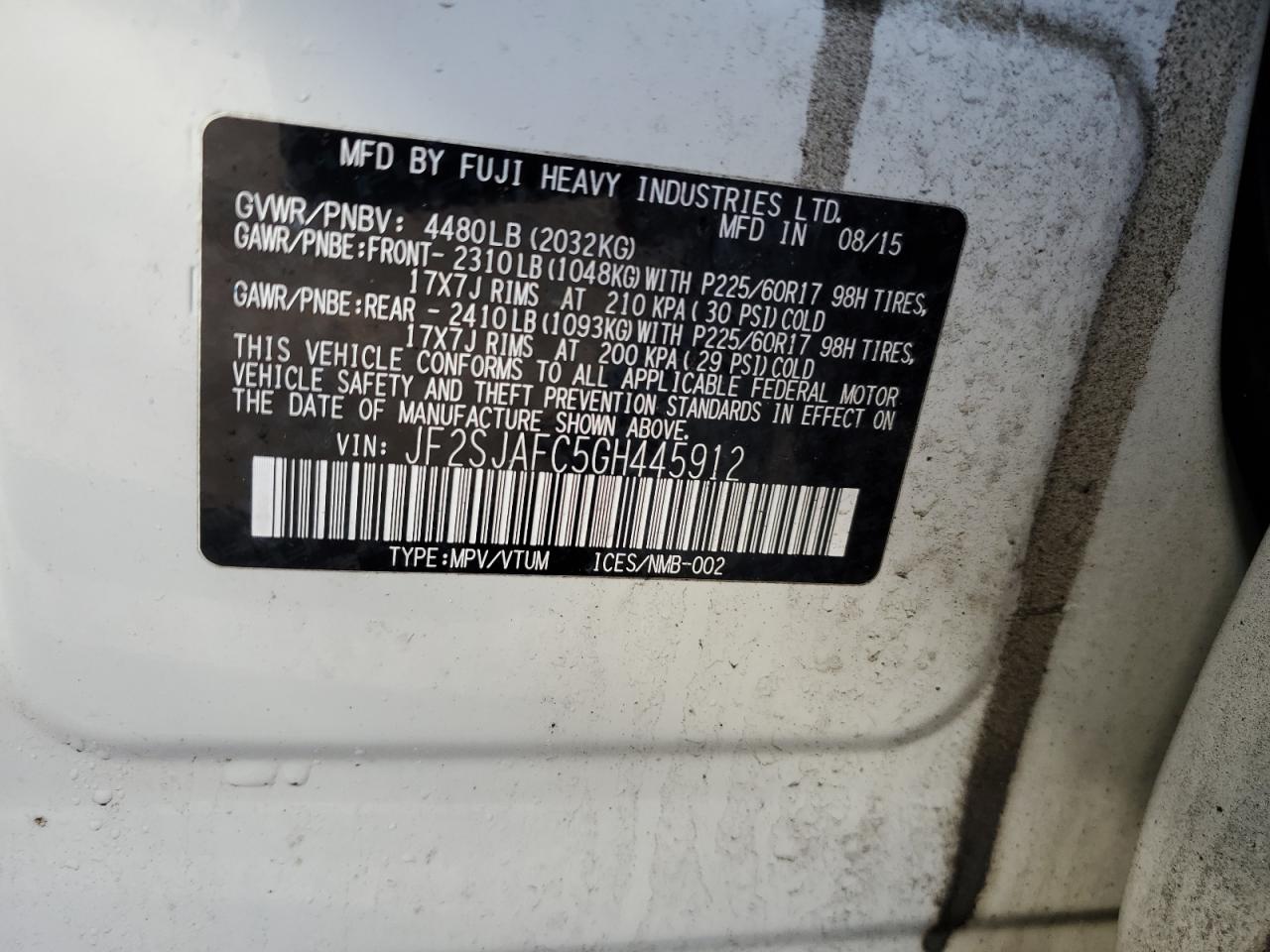 2016 Subaru Forester 2.5I Premium VIN: JF2SJAFC5GH445912 Lot: 50682294