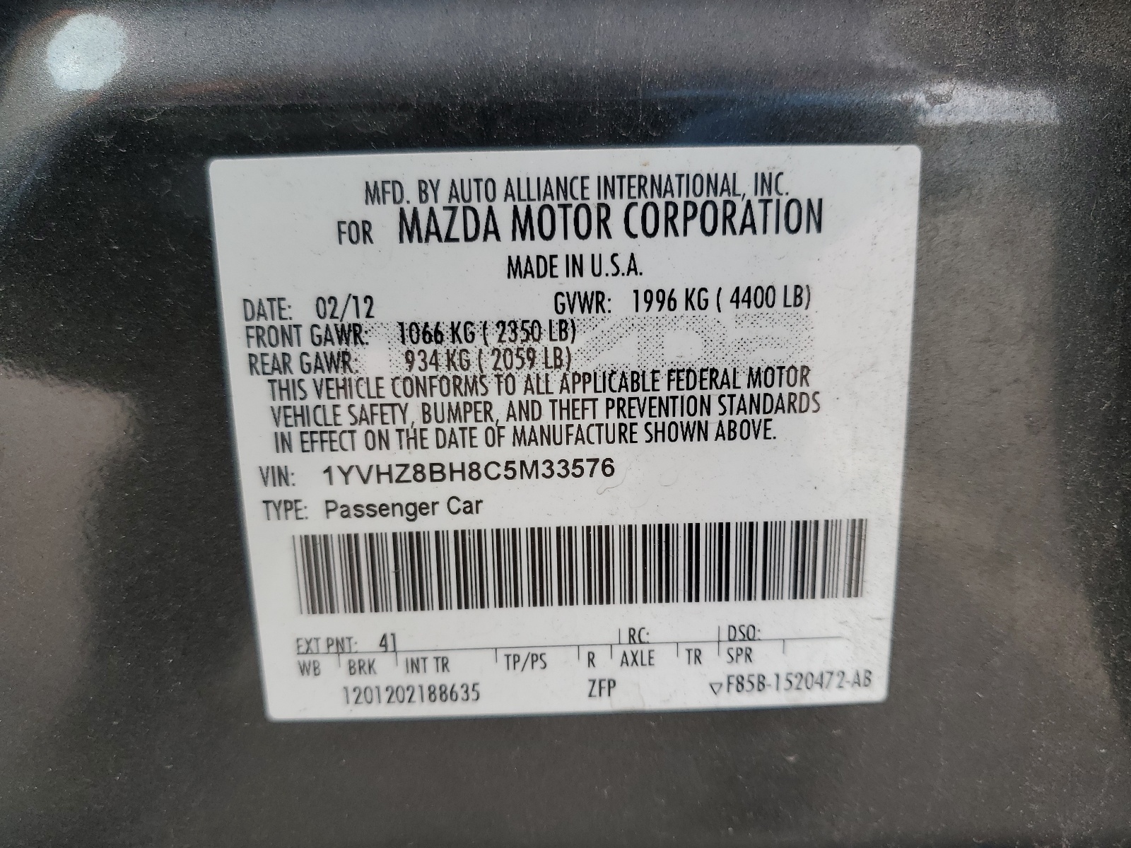 1YVHZ8BH8C5M33576 2012 Mazda 6 I