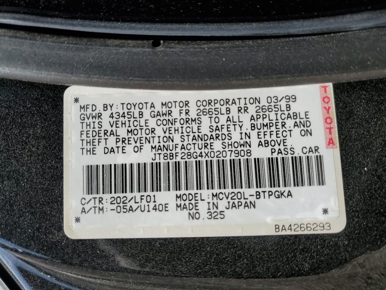 1999 Lexus Es 300 VIN: JT8BF28G4X0207908 Lot: 49921844