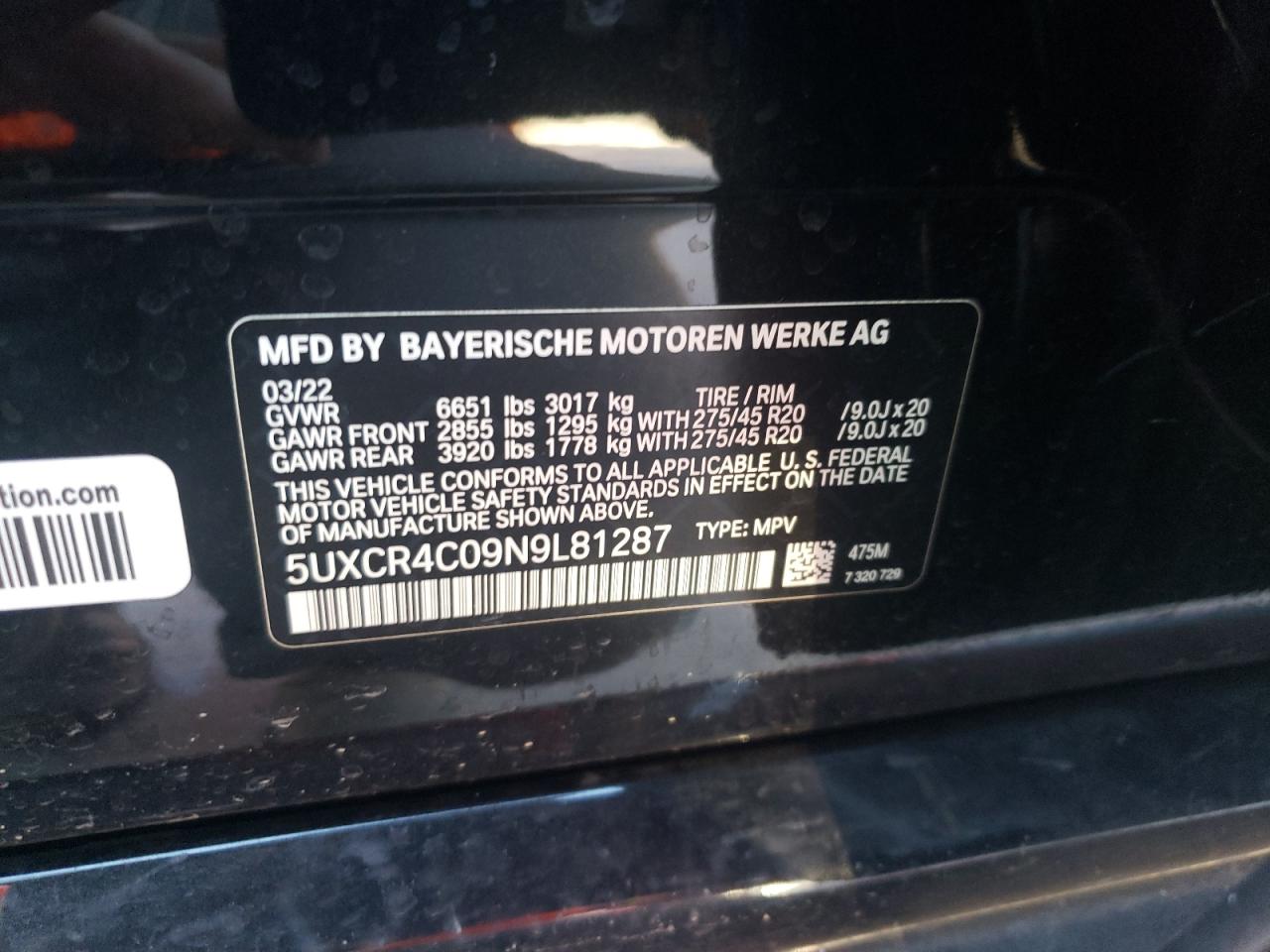 5UXCR4C09N9L81287 2022 BMW X5 Sdrive 40I