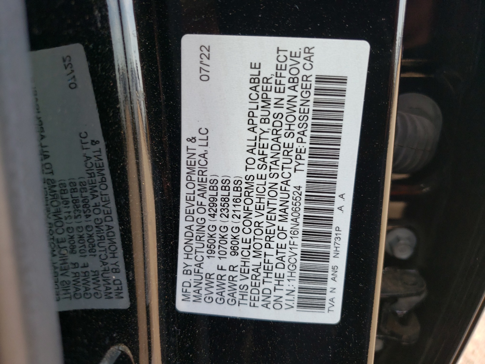 1HGCV1F16NA065524 2022 Honda Accord Lx