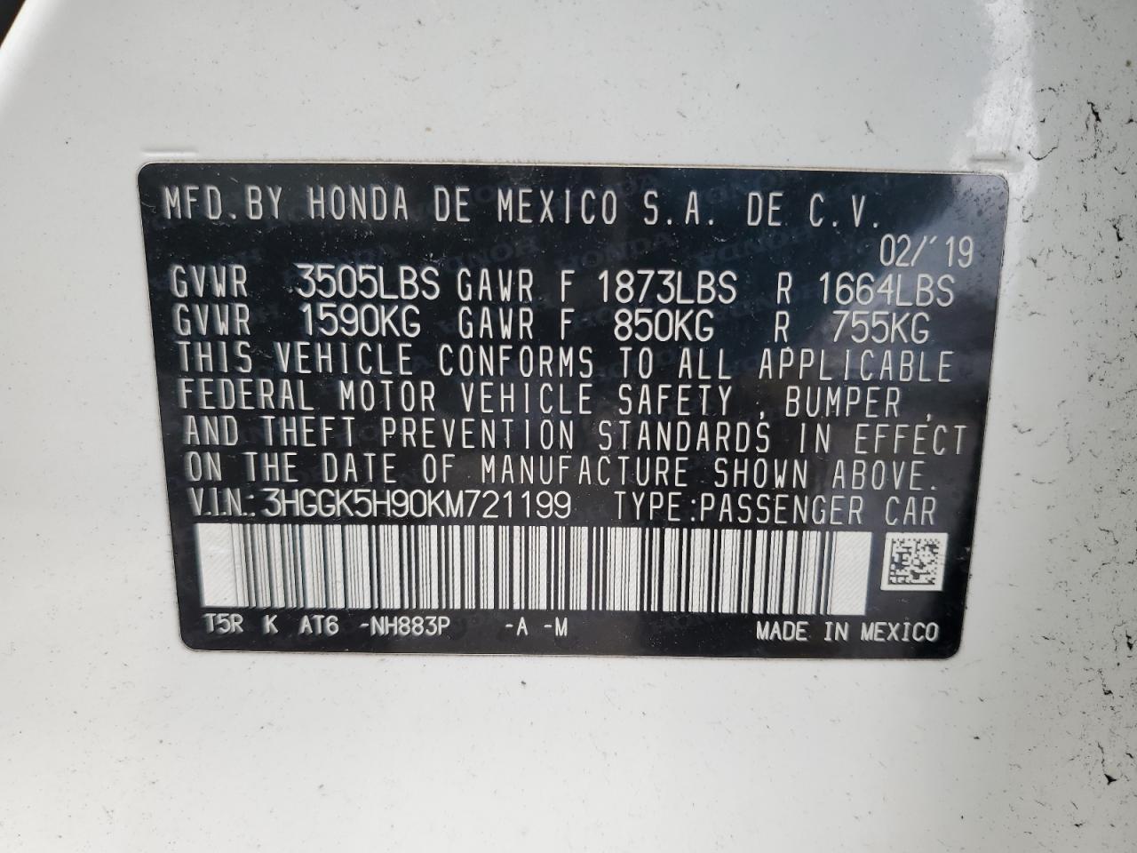 3HGGK5H90KM721199 2019 Honda Fit Exl