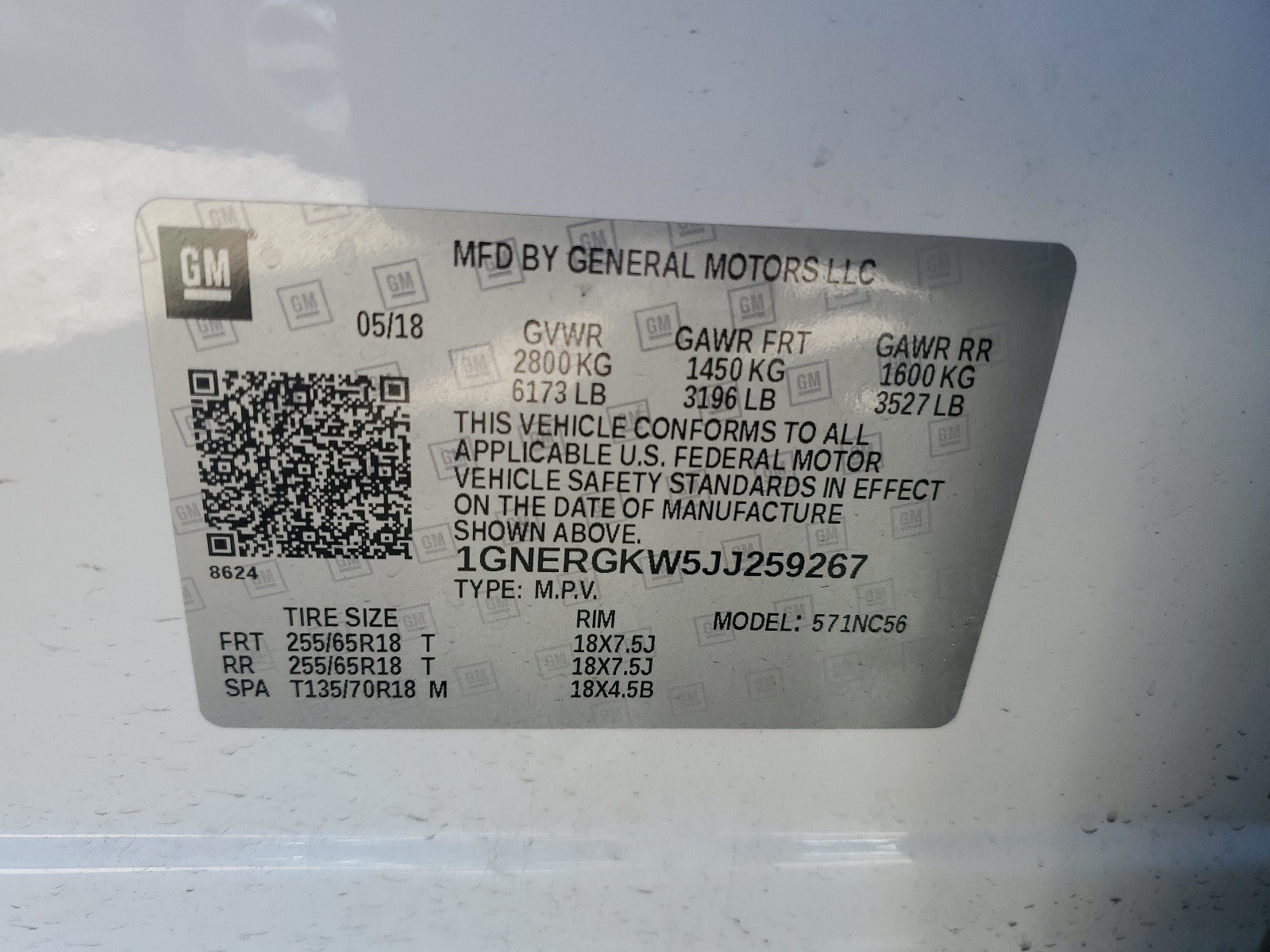 1GNERGKW5JJ259267 2018 Chevrolet Traverse Lt