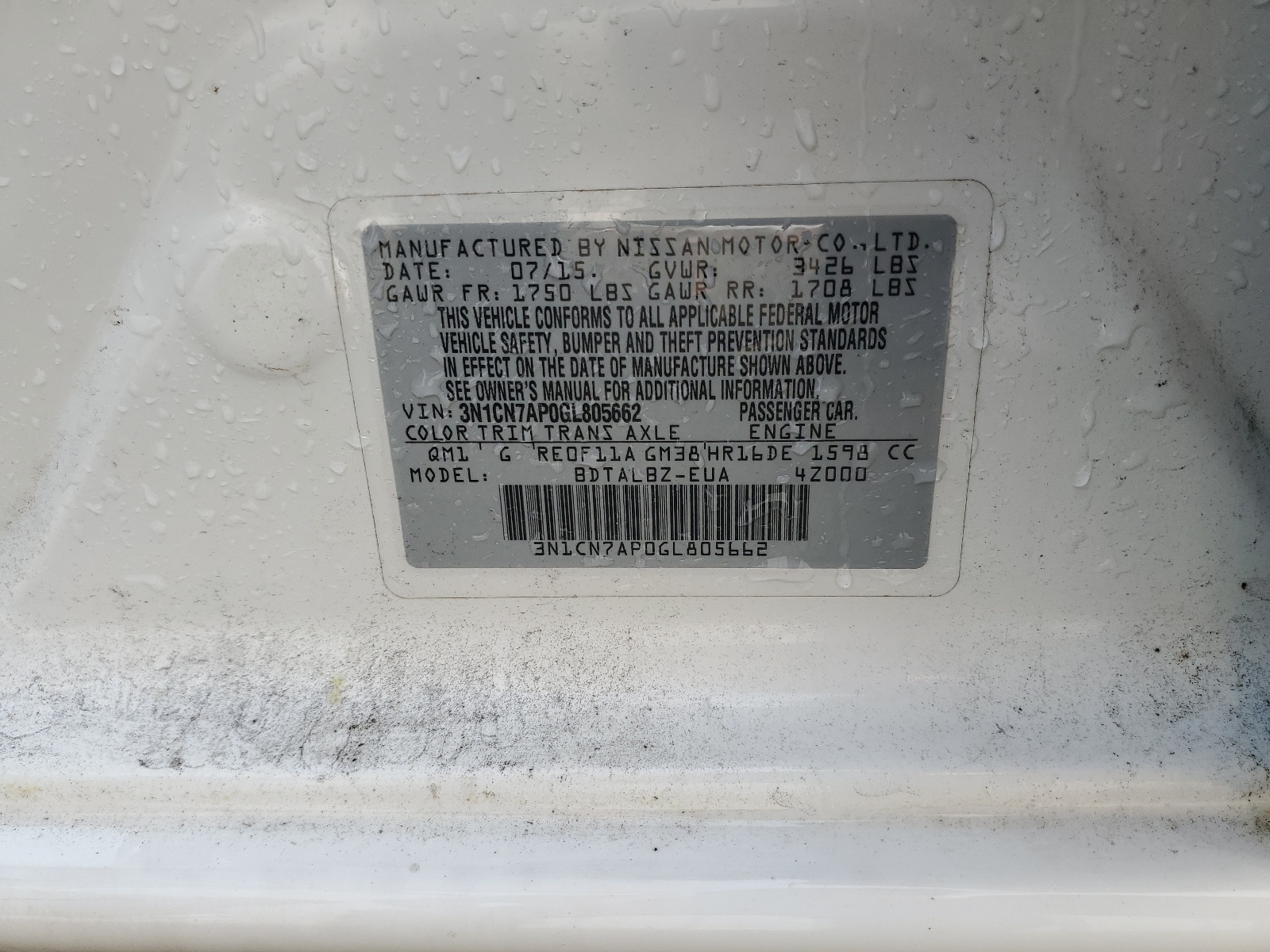 3N1CN7AP0GL805662 2016 Nissan Versa S