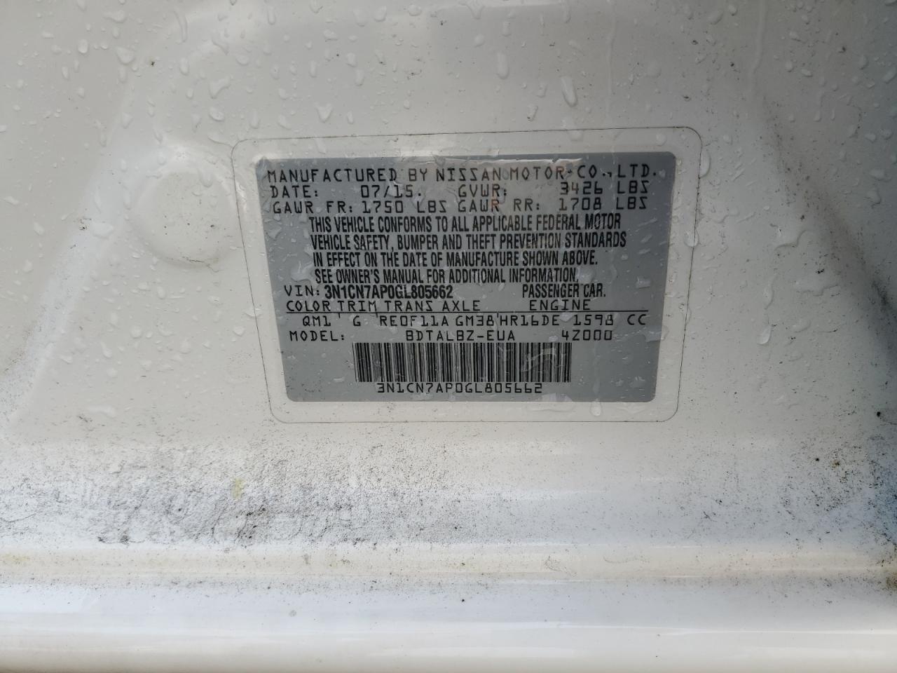 2016 Nissan Versa S VIN: 3N1CN7AP0GL805662 Lot: 49368814